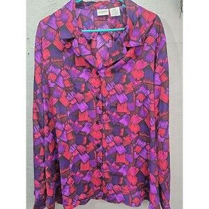 Vintage 90's Liz Baker‎ Red Geo Print Button Front Blouse Women's Size 22